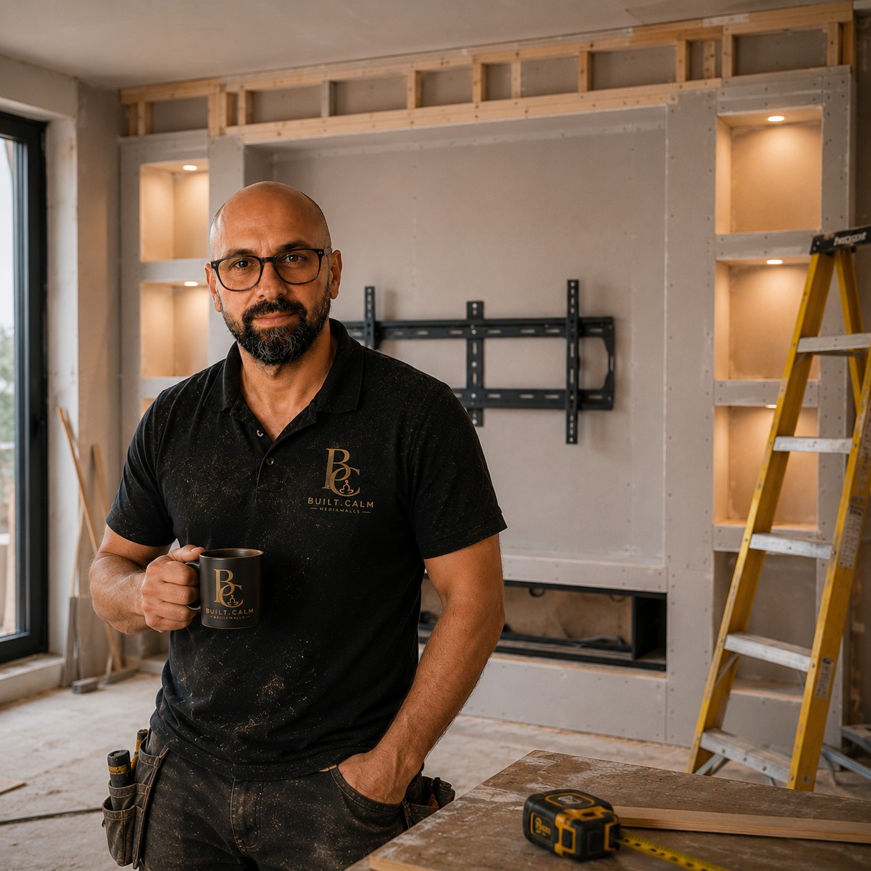 Built.Calm tradesman holding a Built.Calm mug in front of an unfinished media wall frame, mid-build